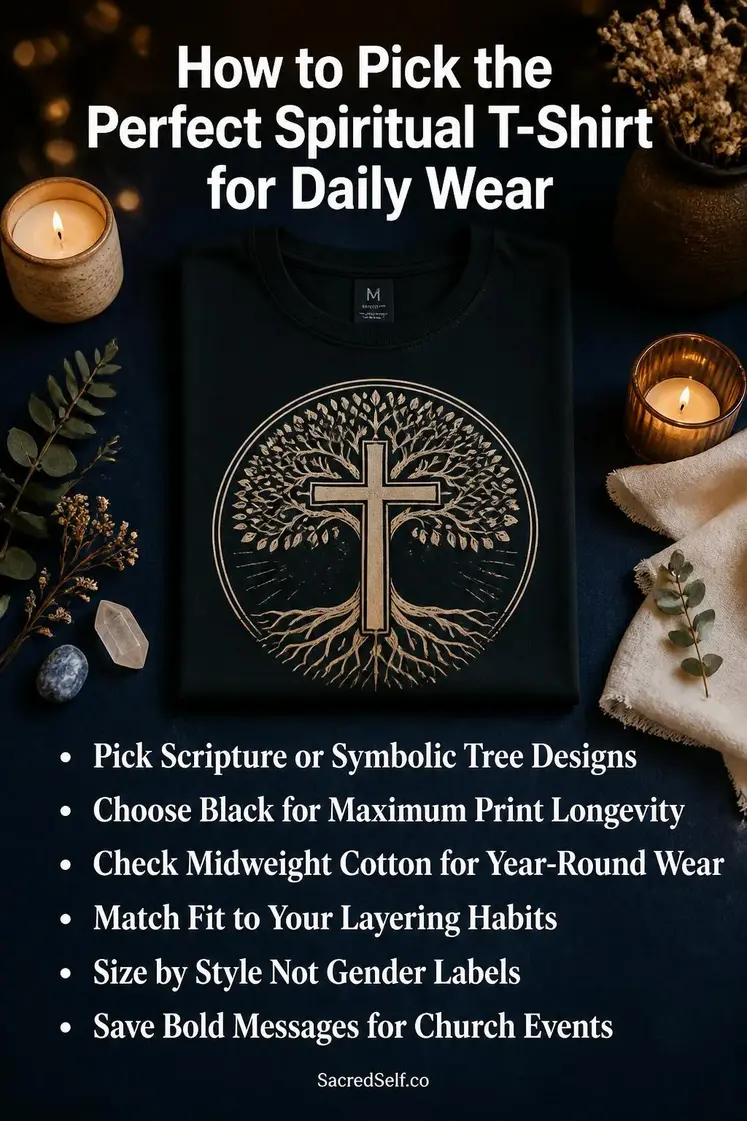 Folded cotton t-shirt with faith-based cross and Tree of Life graphic print, lit candles, botanical sprigs, and small crystals arranged on a deep indigo surface with warm cream accents — best spiritual t-shirt for daily faith wear