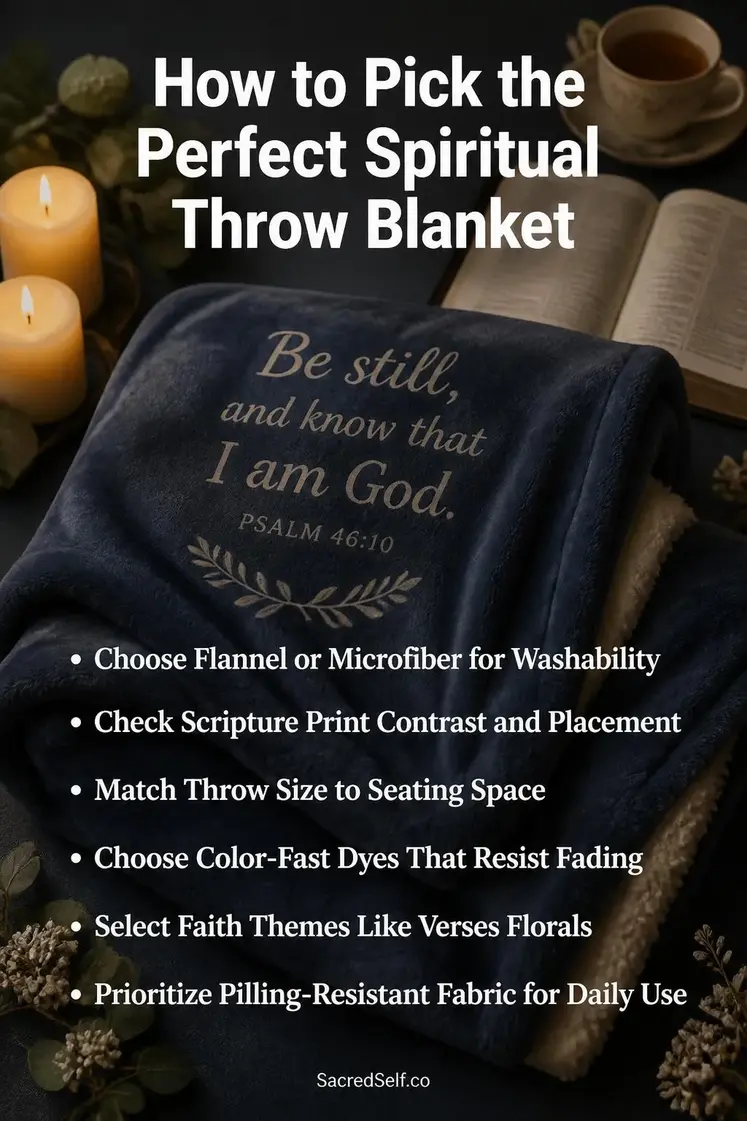 Folded plush throw blanket with scripture verse print resting on a deep indigo surface surrounded by lit candles and soft botanical sprigs - spiritual throw blankets for faith-filled comfort