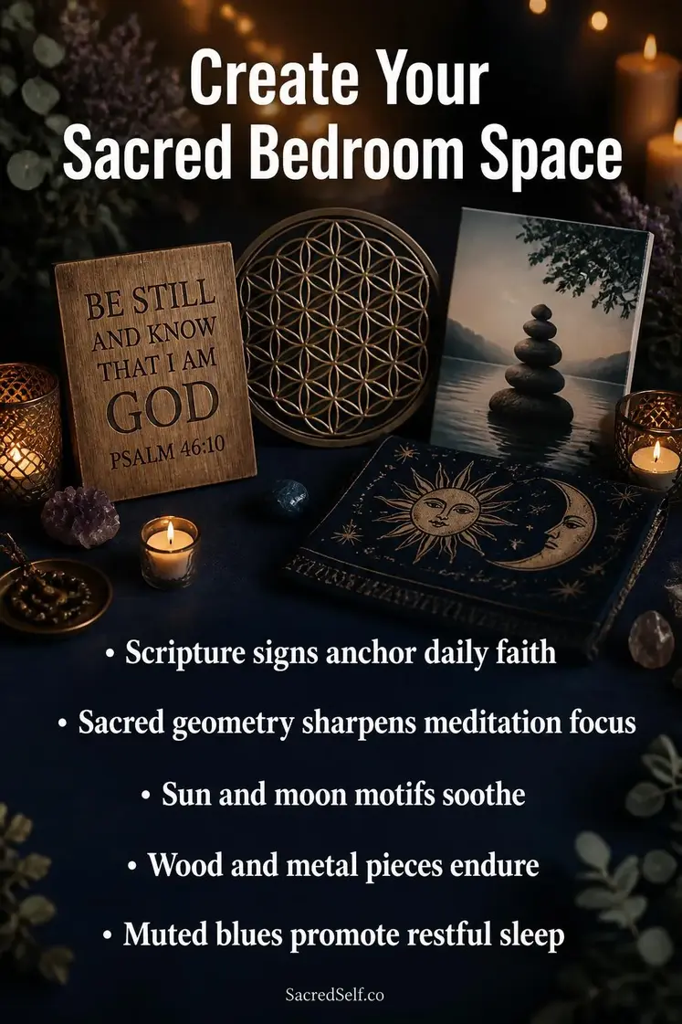 Wood scripture sign, metal sacred geometry wall plate, canvas zen print and folded moon-sun tapestry arranged on deep indigo surface with lit candles and soft botanicals - spiritual wall decor for bedroom