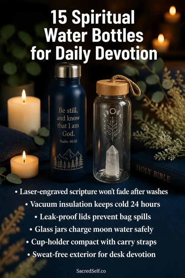 Insulated stainless steel water bottle with engraved scripture beside a clear glass jar holding a quartz crystal, both resting on a deep indigo surface with lit pillar candles and soft botanicals - spiritual water bottle