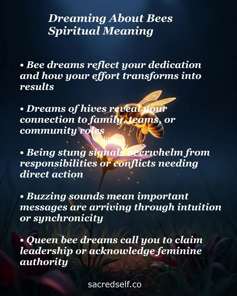 Bee glowing above a lit flower with text about dreams: dedication, community, overwhelm, intuition, leadership
