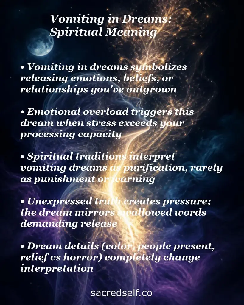 Moonlit cosmic background with a glowing tree and text about vomiting in dreams as release, purification, and unexpressed truth.