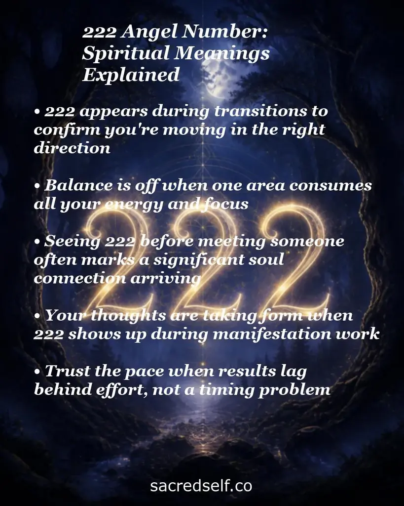 Glowing 222 over a moonlit forest with text about transitions, balance, soul ties, manifesting, and patience.