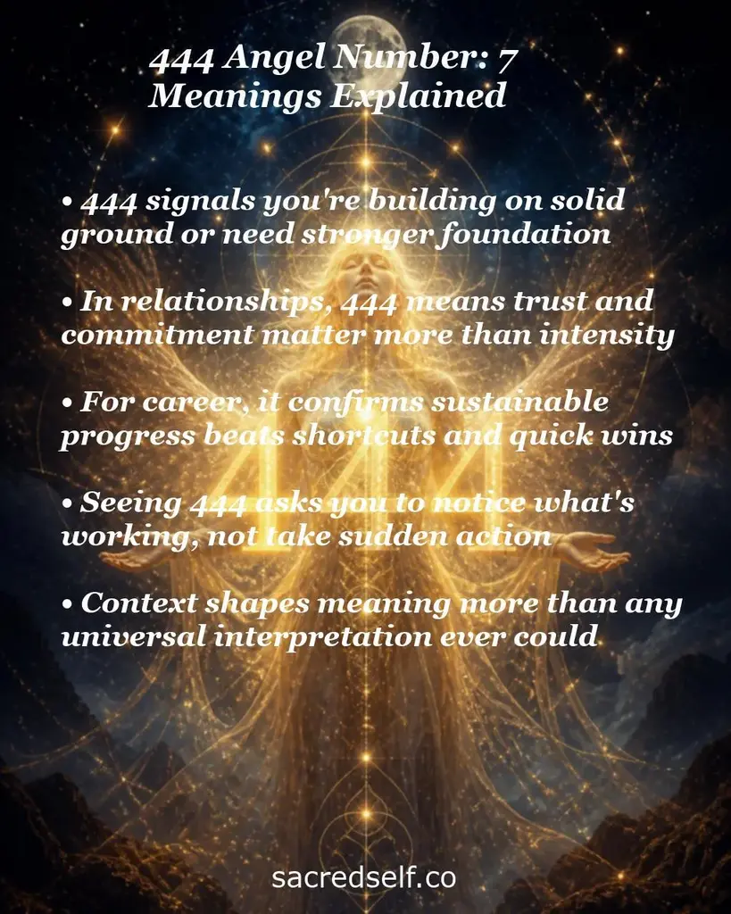 Ethereal glowing figure with text about 444: building solid foundations, trust in relationships, steady career progress.