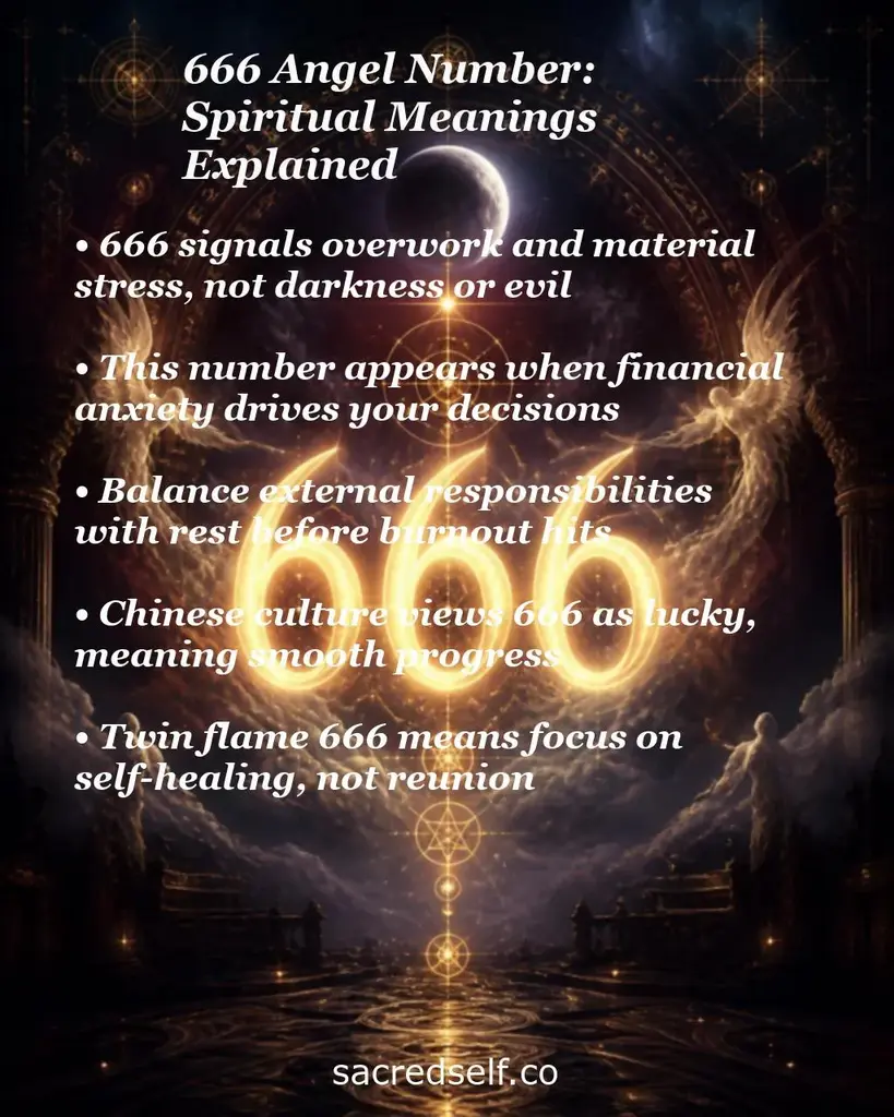 Glowing 666 over celestial scene with angels; text notes overwork, financial anxiety, rest, Chinese luck, twin flame healing