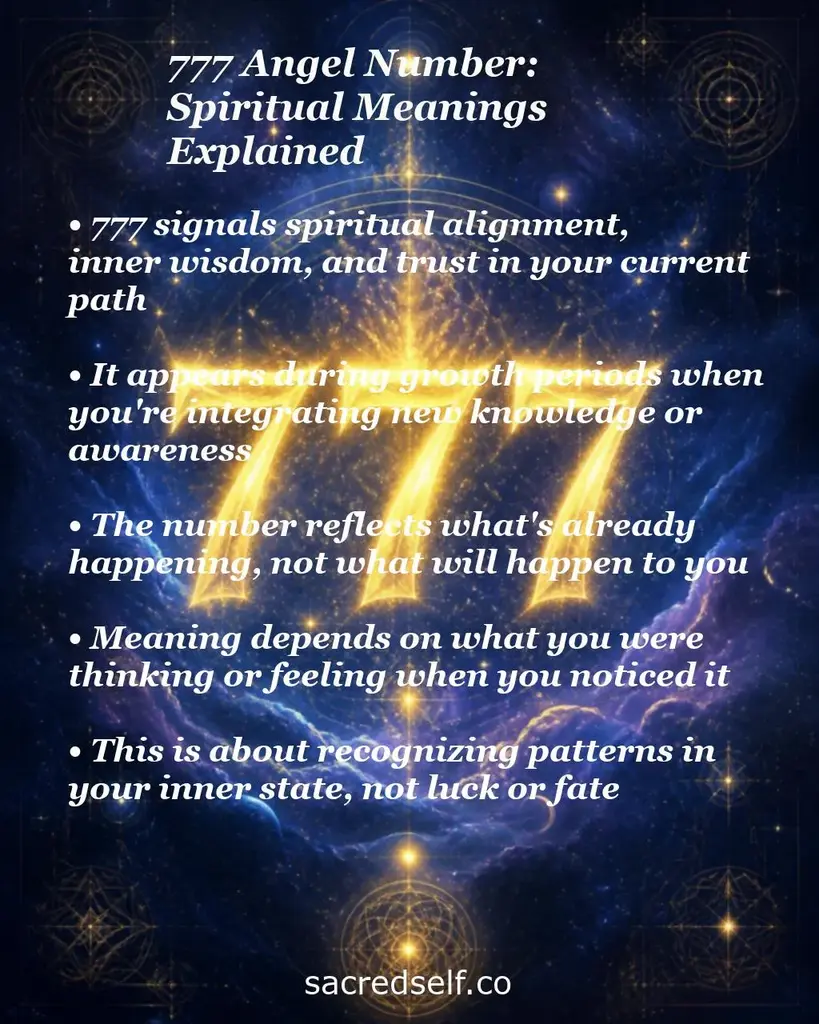 Cosmic infographic with glowing golden 777 explaining angel number meaning: spiritual alignment, growth, inner patterns
