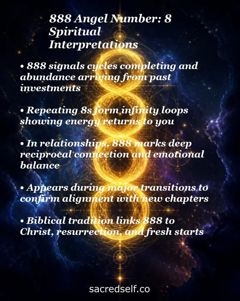 Glowing golden 888 on a cosmic background with overlay text about cycles completing, abundance, transitions, relationships.