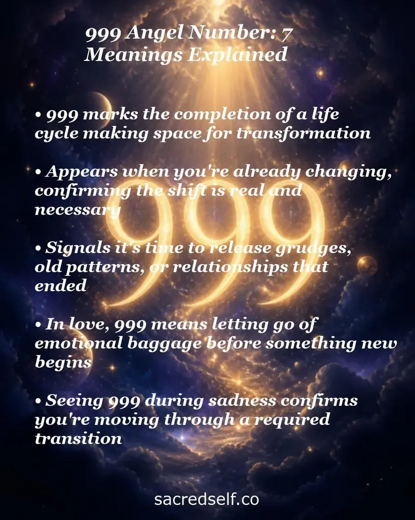 Glowing 999 over celestial clouds with text explaining 999 angel number meaning: completion, transformation, release.
