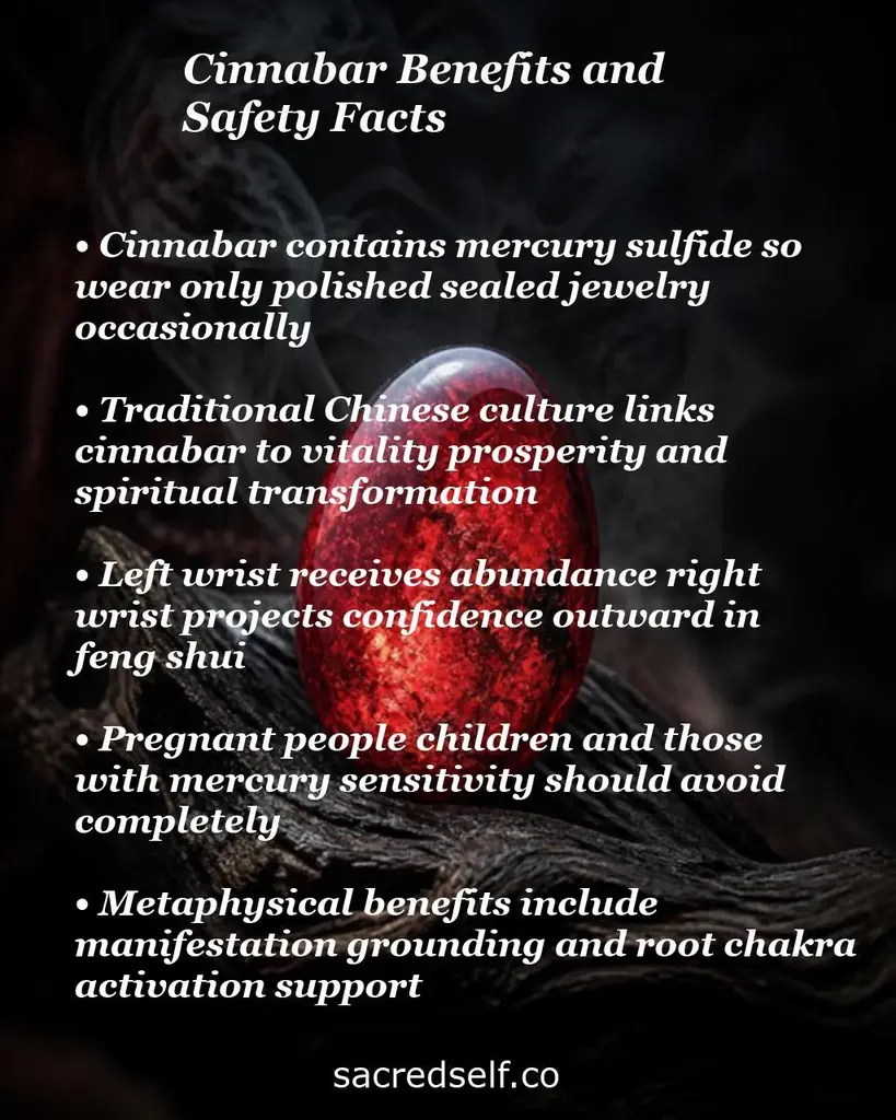 Red cinnabar egg on smoky dark background with text about mercury safety, feng shui, pregnancy warnings and spiritual benefits