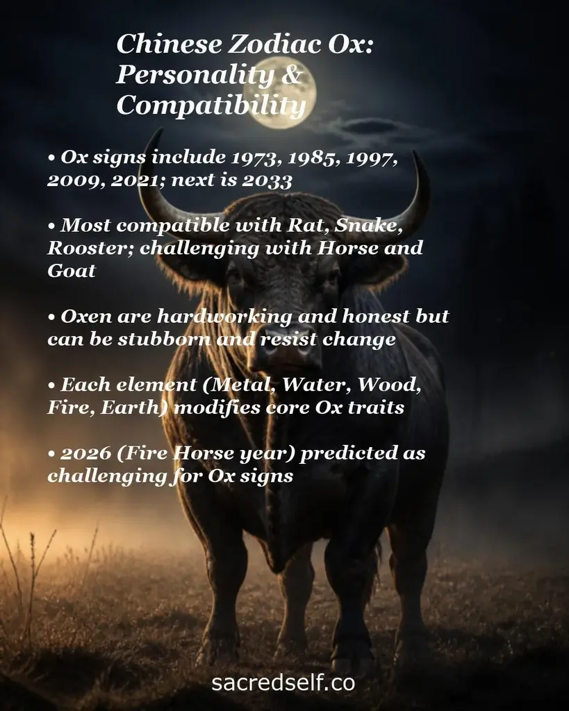 Moonlit ox photo with overlay text on Chinese Zodiac Ox: key years, compatibility, traits, elements, and 2026 note