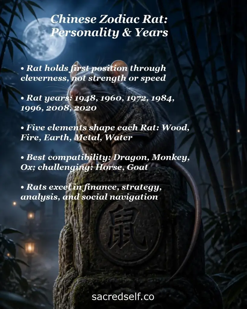 Moonlit rat statue with text about Chinese Zodiac Rat: personality, years 1948-2020, elements, compatibility