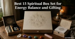 Cozy 16:9 photo of a chakra-themed box set with crystals, candles, and prayer cards on a wooden table; dark muted bokeh background, centered white title at top and small 'sacredself.co' watermark bottom right.