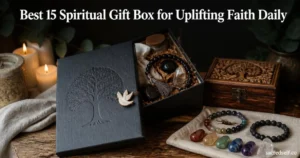 Cozy 16:9 photorealistic image of a spiritual gift box with chakra stones and a carved Tree of Life wooden box on a dark muted background, with title overlay at top and small 'sacredself.co' watermark bottom right.