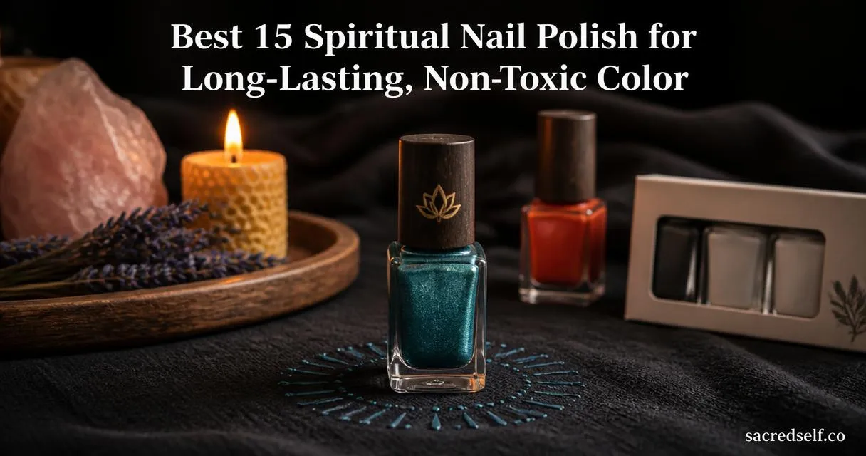 Cozy dark 16:9 still life with a single blue-green quick-dry nail polish bottle embossed with a gold lotus as the hero, flanked by two out-of-focus vegan polish items, rose quartz and a lit candle; large white title at top reads 'Best 15 Spiritual Nail Polish for Long-Lasting, Non‑Toxic Color' and small watermark 'sacredself.co' at bottom right.