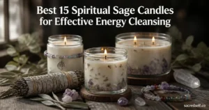 Photorealistic 16:9 still-life of a 5oz soy sage candle with crystals as the hero, flanked by a white sage candle with bracelet and a 3-wick sage candle with crystals, sage sprigs and raw crystals on a dark muted background, centered white title at top and small 'sacredself.co' watermark bottom right.