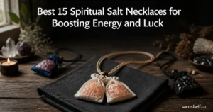 Photorealistic 16:9 flatlay featuring a Dual Himalayan salt pouch necklace center foreground with two secondary salt pouches behind, dark muted background, space at top for white title and small bottom-right watermark.