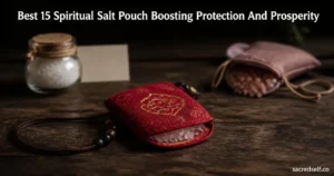 Candid 16:9 still life of a red Buddhist spiritual salt pouch necklace on a dark wooden table with blurred jar of Dead Sea salt and Himalayan pink salt pouch in the background; soft natural light, white title at top and 'sacredself.co' watermark bottom right.