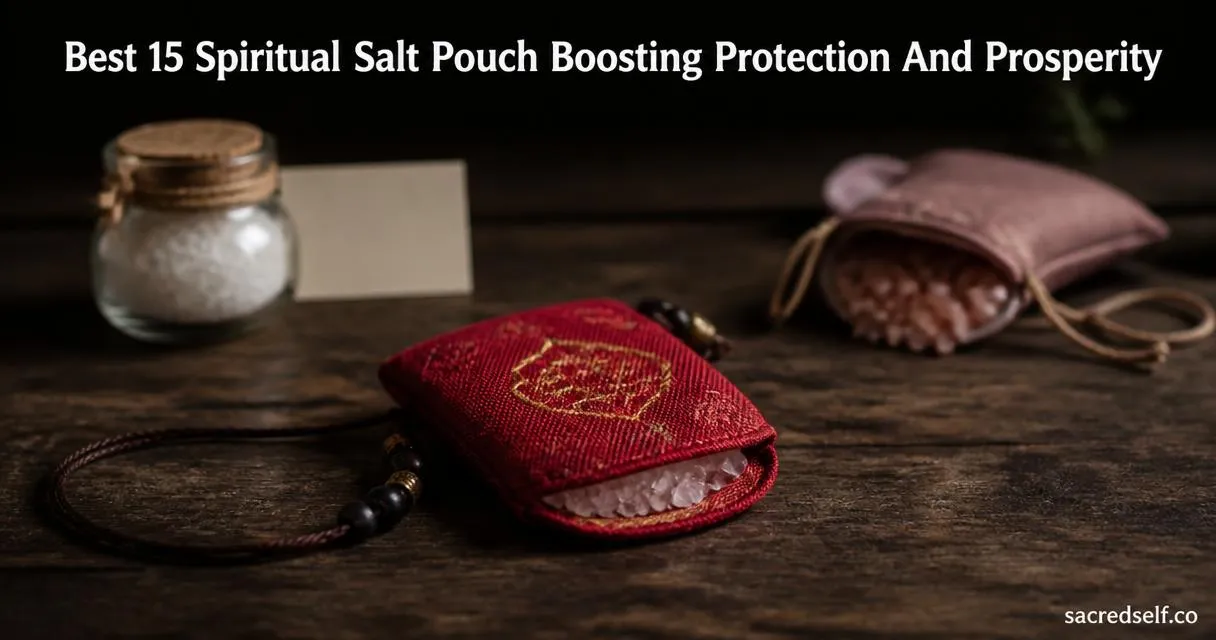 Candid 16:9 still life of a red Buddhist spiritual salt pouch necklace on a dark wooden table with blurred jar of Dead Sea salt and Himalayan pink salt pouch in the background; soft natural light, white title at top and 'sacredself.co' watermark bottom right.