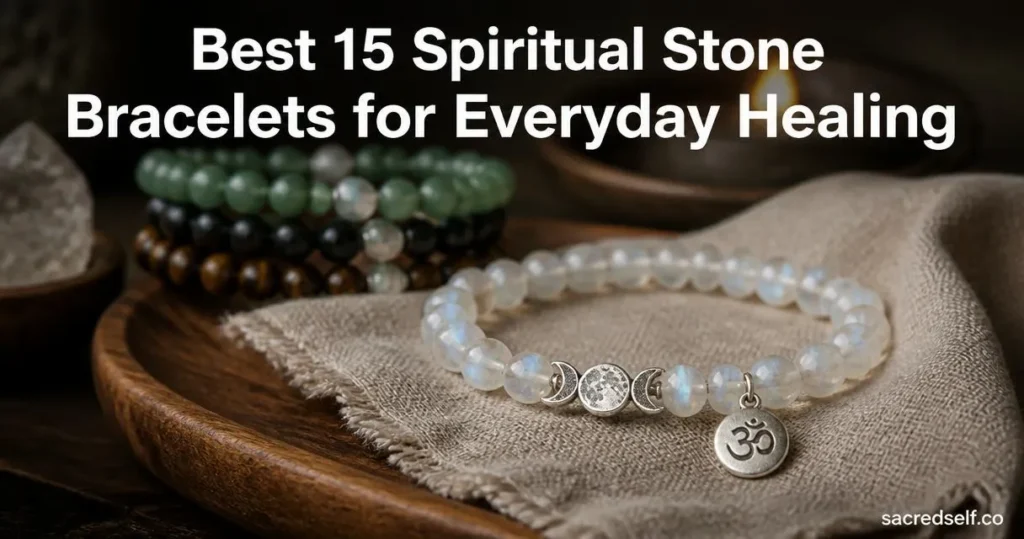 Cozy 16:9 photorealistic image of a moonstone healing bracelet with a moon-phase charm and Om charm on a wooden tray; other stone bracelets softly blurred in the dark, muted background. Large white title centered at top: "Best 15 Spiritual Stone Bracelets for Everyday Healing" and small white watermark "sacredself.co" bottom-right.