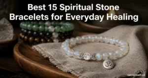 Cozy 16:9 photorealistic image of a moonstone healing bracelet with a moon-phase charm and Om charm on a wooden tray; other stone bracelets softly blurred in the dark, muted background. Large white title centered at top: "Best 15 Spiritual Stone Bracelets for Everyday Healing" and small white watermark "sacredself.co" bottom-right.