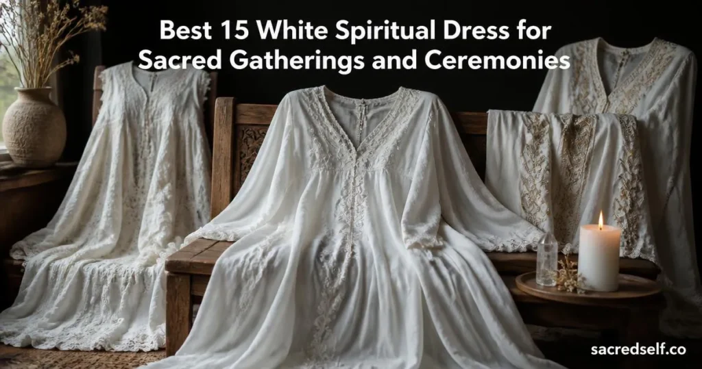 Photorealistic 16:9 image of a white kaftan cover-up draped on a wooden bench with two additional white dresses arranged around it on a dark muted background; large white title centered at top and small 'sacredself.co' watermark in the bottom right.