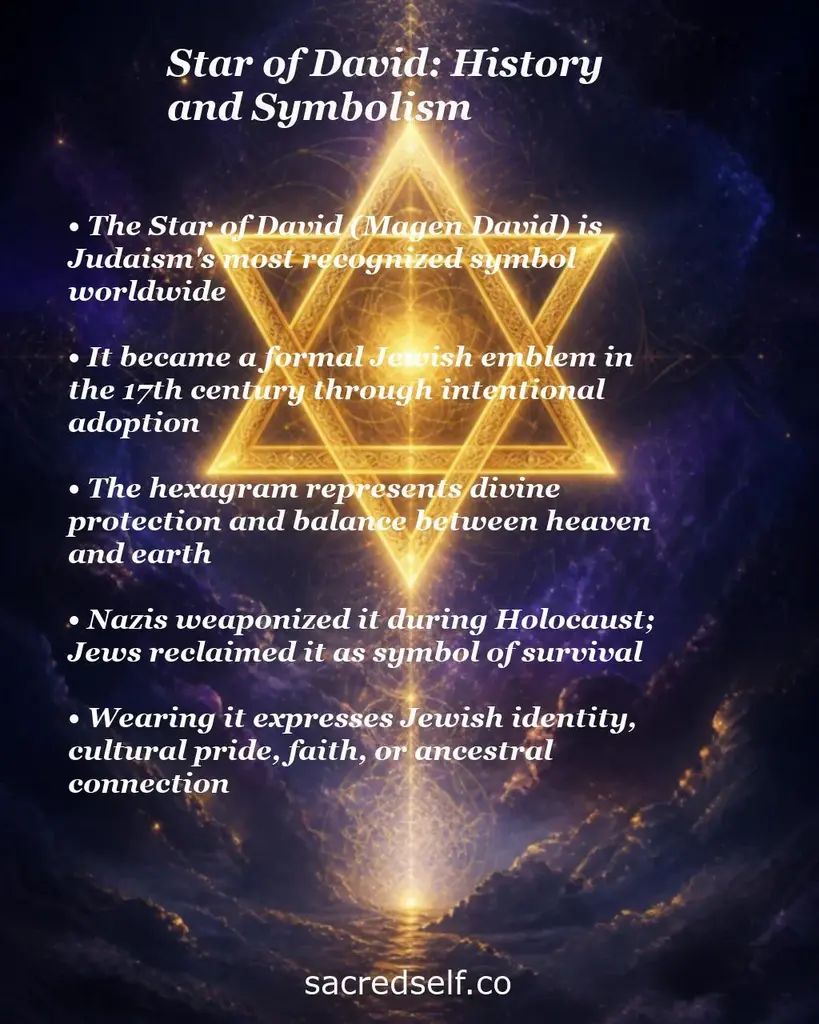 Glowing golden Star of David over cosmic background with text about its history, symbolism, Holocaust-era misuse, and Jewish identity.