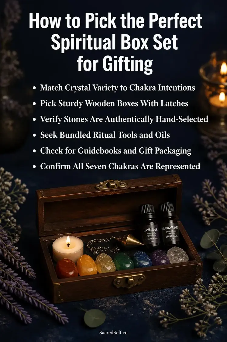 Open wooden box with raw and tumbled crystals, white candle, pendulum, and oil bottles arranged on deep indigo surface with botanical sprigs and warm candlelight glow — best spiritual box set for gifting
