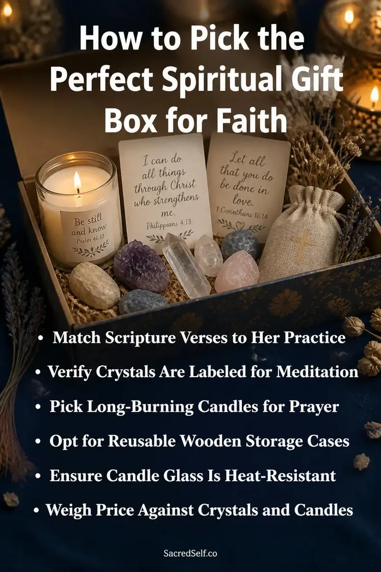 Open spiritual gift box with raw crystals, lit candle in glass jar, and scripture cards on deep indigo surface with dried botanical accents and warm gold details - spiritual gift box for faith-centered self-care