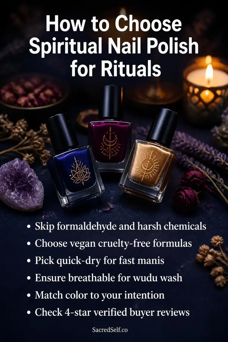 Nail polish bottles in indigo, plum and gold shades on a dark indigo surface with candles, dried flowers and an amethyst crystal — best spiritual nail polish for rituals