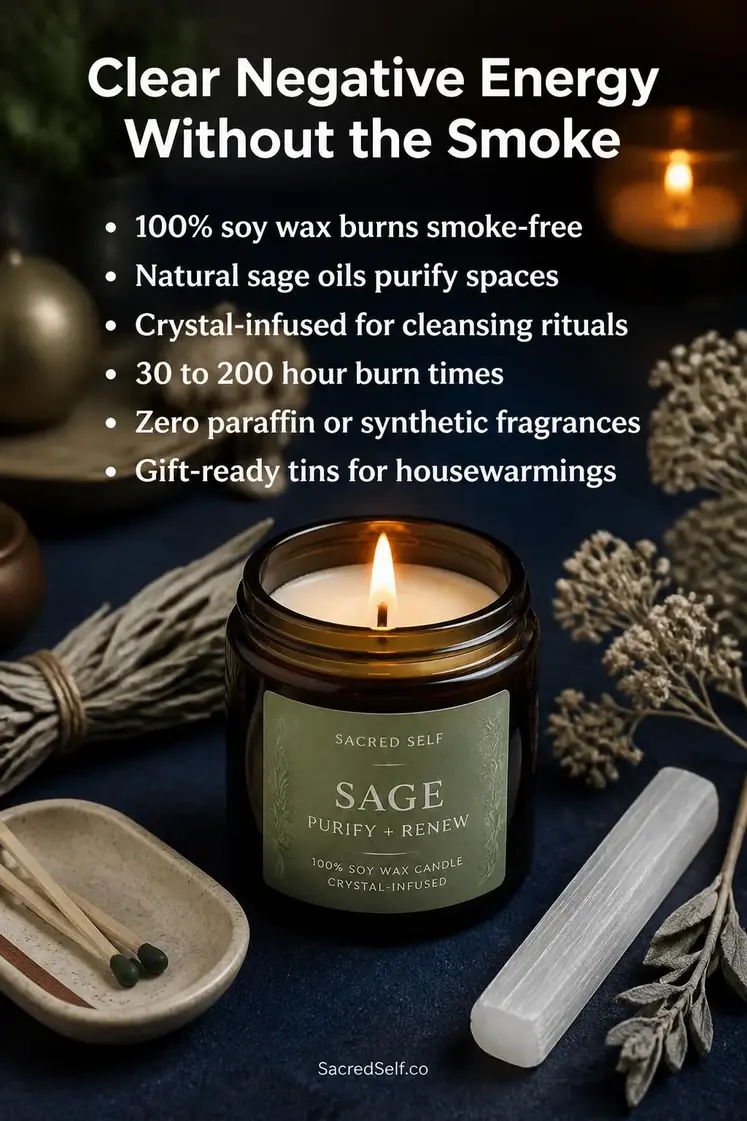 Lit sage green candle in amber glass jar on deep indigo surface surrounded by dried sage sprigs, selenite crystal, and matches with soft bokeh candlelight in background - spiritual sage candles