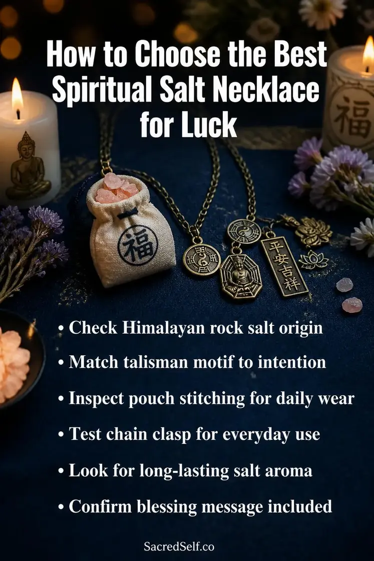 Spiritual salt necklace with fabric pouch and thin chain on dark indigo surface surrounded by lit candles and botanicals — best spiritual salt necklace for energy and luck