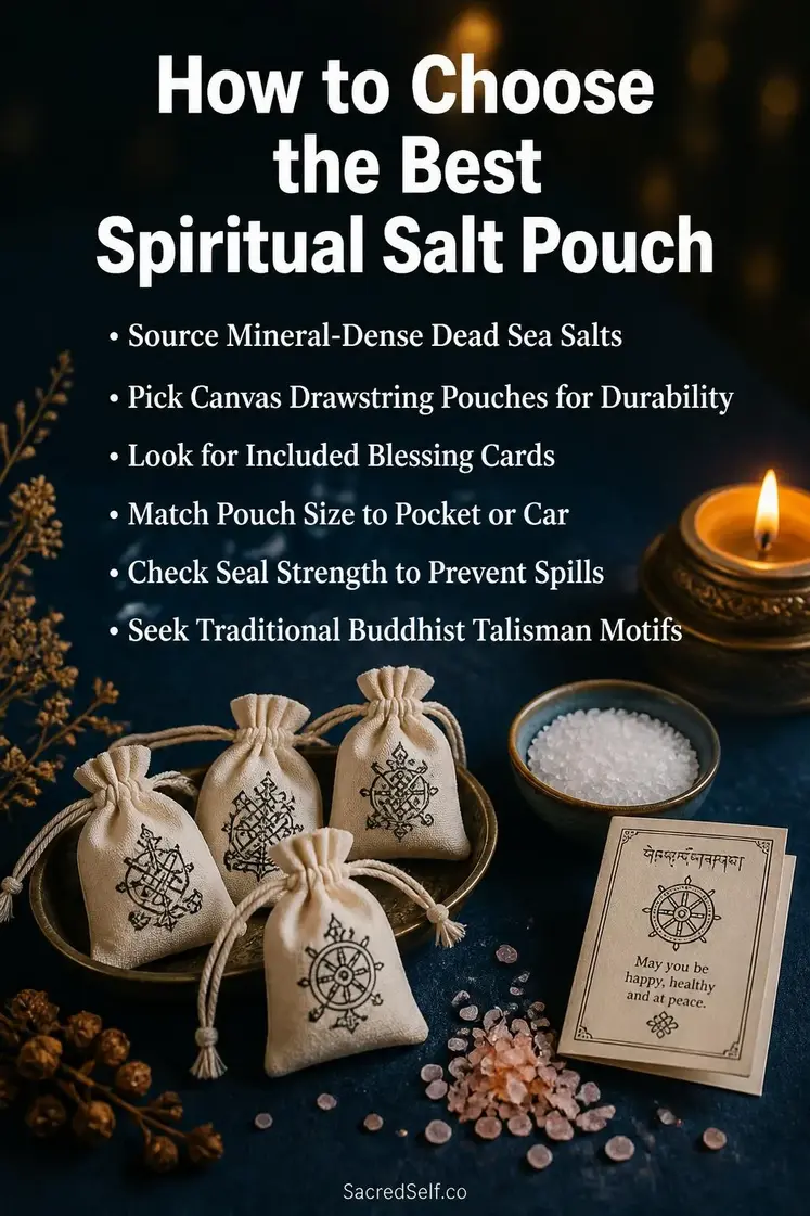 Small cotton drawstring pouches with sea salt crystals, Himalayan pink salt grains, a ceramic bowl, folded blessing card, lit candle and dried botanicals on deep indigo surface - spiritual salt pouch