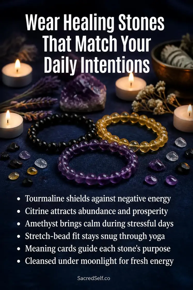 Natural gemstone stretch-bead bracelets in amethyst purple, citrine amber, and black tourmaline arranged on deep indigo surface with lit candles, dried botanicals, and scattered crystal chips — spiritual stone bracelets