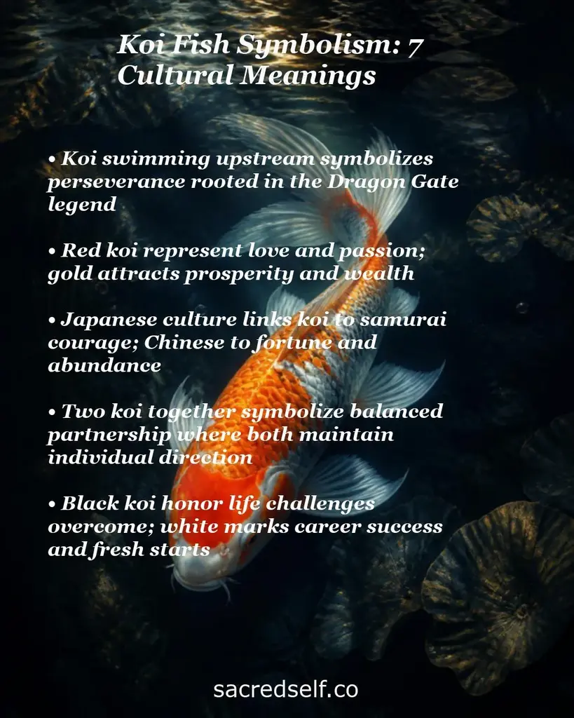 Orange-and-white koi under dark water with text about cultural meanings: perseverance, love, prosperity, courage.