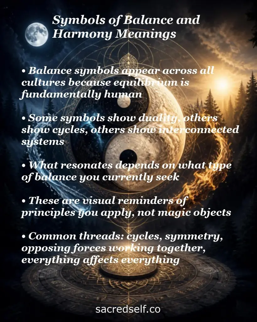Yin-yang over a moon and sun in a forest background with overlay text summarizing symbols of balance and harmony, cycles and duality