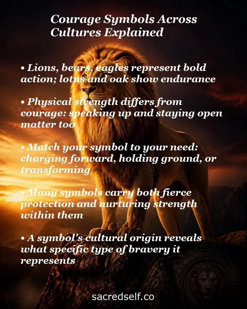 Lion at sunset with overlay text about courage symbols across cultures: lions, eagles, lotus, oak, strength, endurance