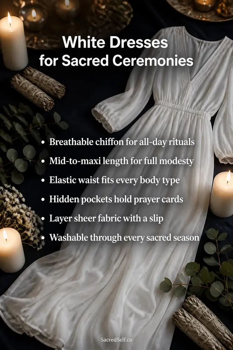 Flowing white maxi dress on deep indigo surface surrounded by white pillar candles, dried white sage bundles, eucalyptus sprigs, and small white flowers with warm gold light bokeh in background — white spiritual dress for sacred ceremonies