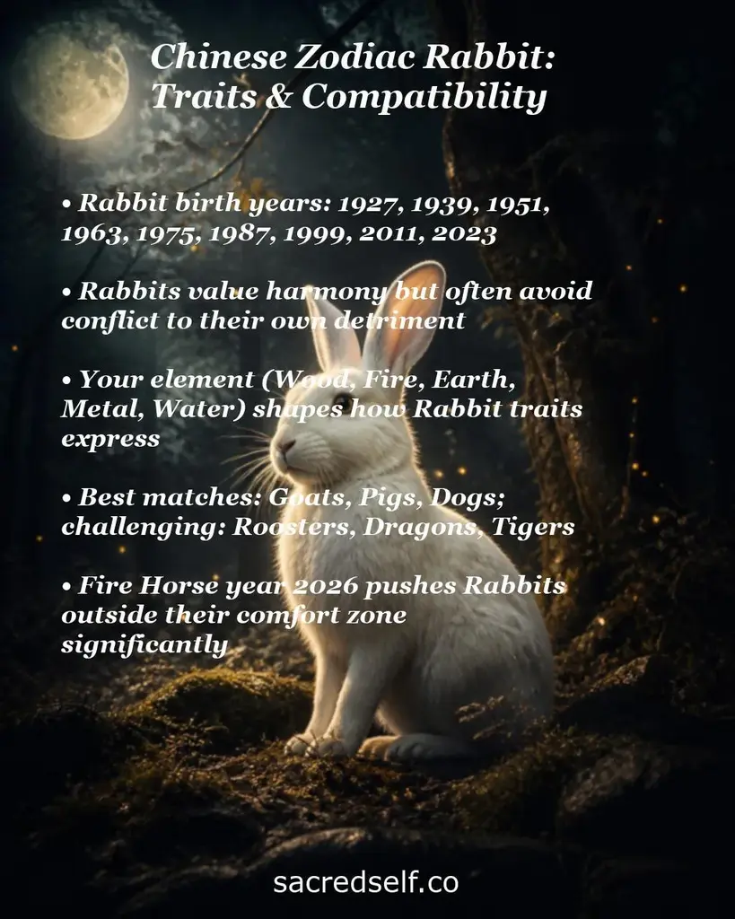 Infographic with moonlit forest rabbit and text about Chinese Zodiac Rabbit traits, birth years, elements, and compatibility