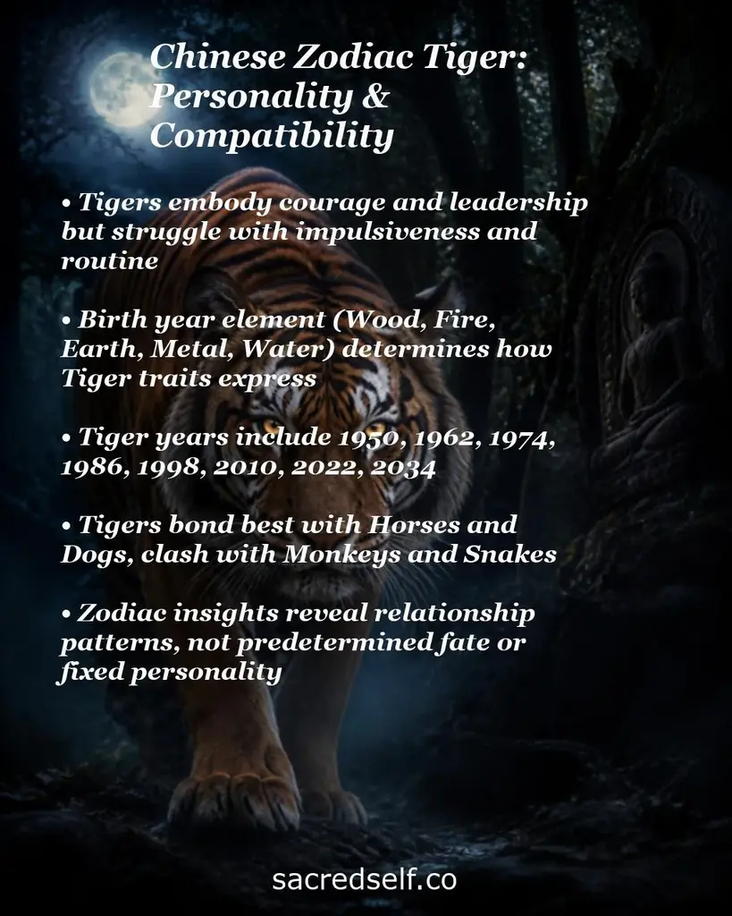 Moonlit tiger in a forest with text about Chinese Zodiac Tiger: personality, birth years, elements, and compatibility