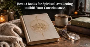 Cozy 16:9 photo of a hero neutral-covered Deep Self-Discovery guide book with a gold lotus mandala emblem, two stacked books, tea mug and crystal on a wooden table; dark muted bokeh background, large white title centered at top and small white 'sacredself.co' watermark bottom right.
