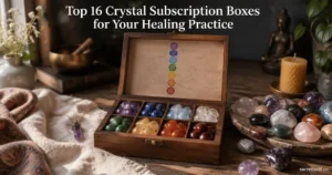 Cozy 16:9 photorealistic scene of an open 16-piece chakra crystal wooden box with chakra symbol, scattered mystery crystals and a crystal pendant, centered white title at top and small 'sacredself.co' watermark bottom right.