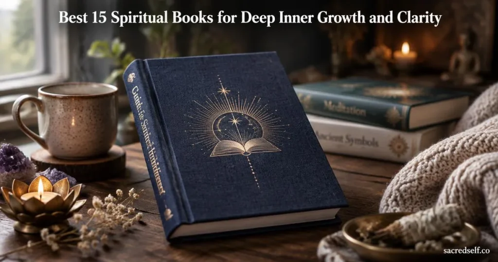 Cozy 16:9 scene of a single hardcover spiritual book with an embossed mandala emblem on a dark wooden table, surrounded by blurred books and warm props; large white title centered at top and small "sacredself.co" watermark bottom right.