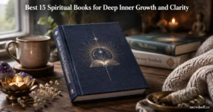 Cozy 16:9 scene of a single hardcover spiritual book with an embossed mandala emblem on a dark wooden table, surrounded by blurred books and warm props; large white title centered at top and small "sacredself.co" watermark bottom right.