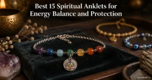 Close-up of a 7-chakra tumbled gemstone anklet on dark velvet with blurred gold and evil-eye anklets behind; large white title at top 'Best 15 Spiritual Anklets for Energy Balance and Protection' and small 'sacredself.co' watermark bottom right.
